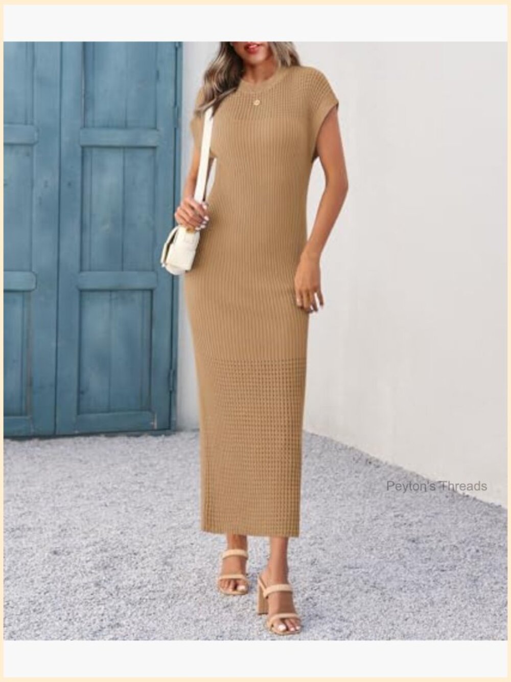 Ribbed Knit Dress Cap Sleeve Crewneck Maxi Casual Summer Beach Vacation - Picture 2 of 7